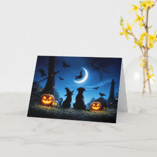 Tarjeta Halloween Lindo con Bruja y Gato y Perro de Luna