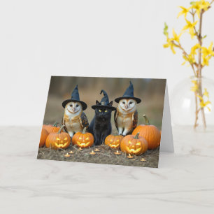 Tarjeta Halloween lindo gato negro y búhos Jack O Lantern