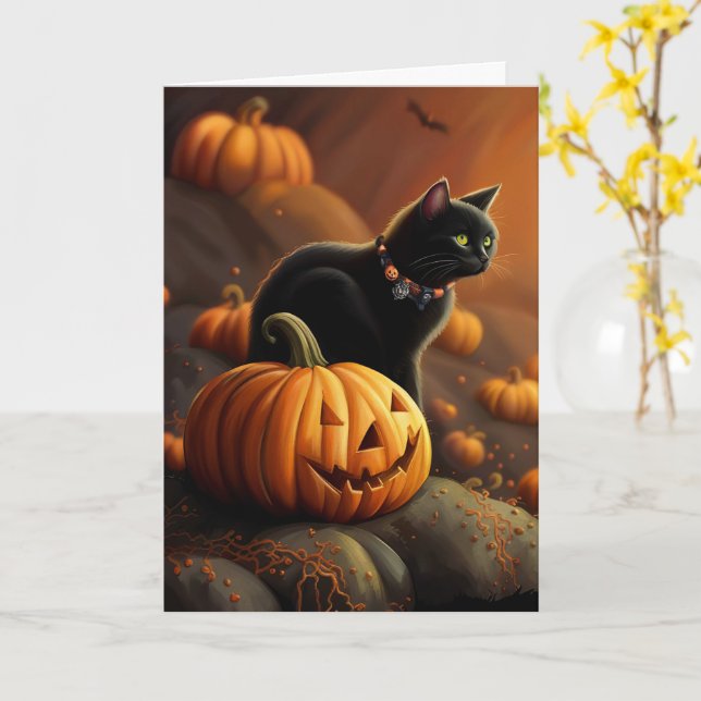 Tarjeta Halloween lindo gato negro y Jack O Lantern (flor amarilla)