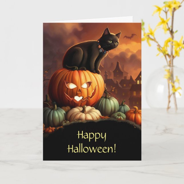 Tarjeta Halloween lindo gato negro y Jack O Lantern (flor amarilla)