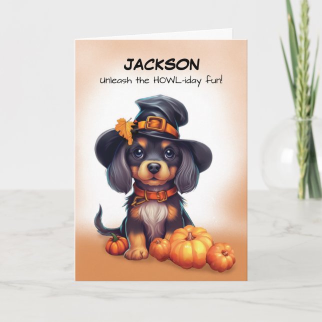 Tarjeta Halloween lindo perro negro vestido con Gorra con  (Anverso)