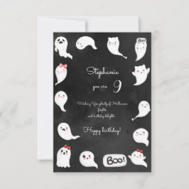 Tarjeta Halloween lindos fantasmas aterradores chica feliz