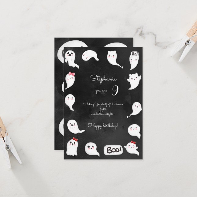 Tarjeta Halloween lindos fantasmas aterradores chica feliz (Anverso/Reverso In Situ)