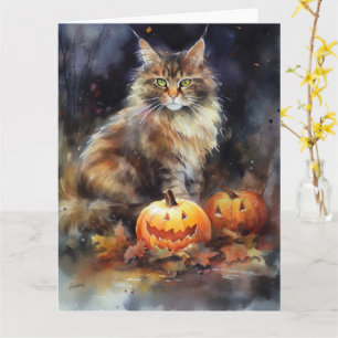 Tarjeta Halloween Maine Coon Cat Con Calabazas Temerosas