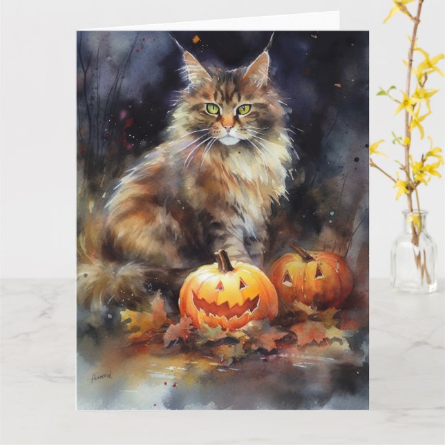 Tarjeta Halloween Maine Coon Cat Con Calabazas Temerosas (flor amarilla)