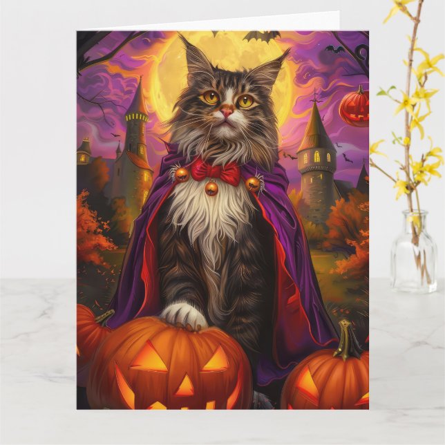 Tarjeta Halloween Maine Coon Cat Vampikins Sterrand (flor amarilla)