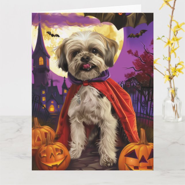 Tarjeta Halloween Malti Tzu Calabazas de vampiros asustado (flor amarilla)