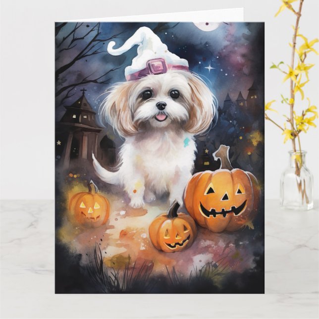 Tarjeta Halloween Malti Tzu con calabazas aterradoras (flor amarilla)