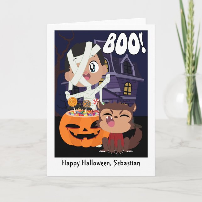 Tarjeta Halloween momia, calabaza y Werewolf personalizado (Anverso)