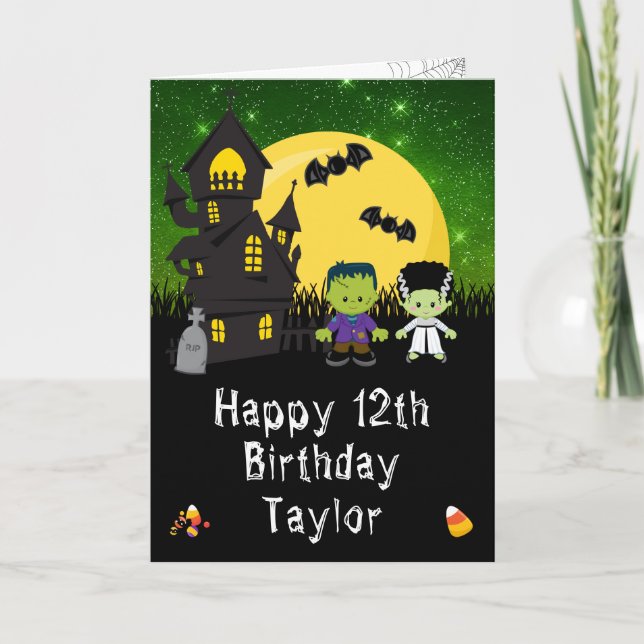 Tarjeta Halloween Monsters Green Happy Birday (Anverso)