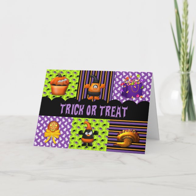 Tarjeta Halloween morado y Naranja de trucos o tratados (Anverso)