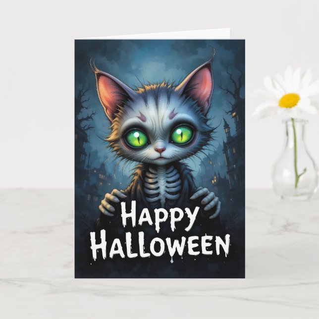 Tarjeta Halloween Mystic Green Eyed Cat Encantando a Felin (Planta pequeña)