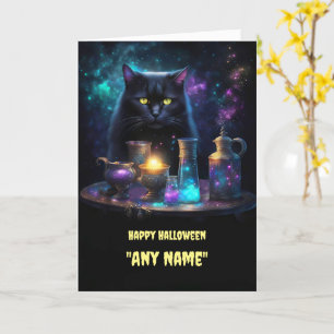 Tarjeta Halloween Nombre personalizado Gato negro y pocion