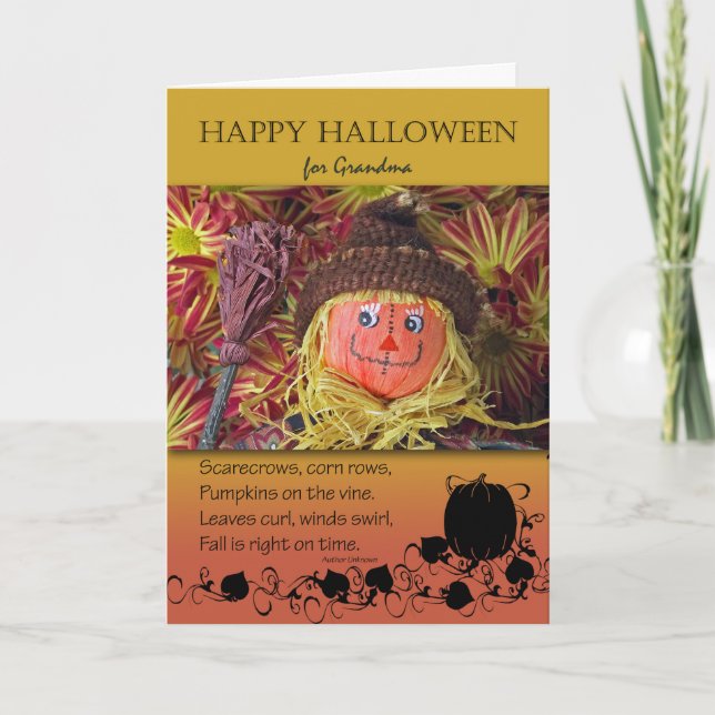 Tarjeta Halloween para abuela, espantapájaros y poemas (Anverso)