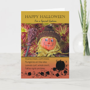 Tarjeta Halloween para Godson Cute Scarecrow y Poema