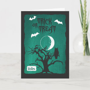 Tarjeta Halloween para hermana, búho árbol torcido luna y