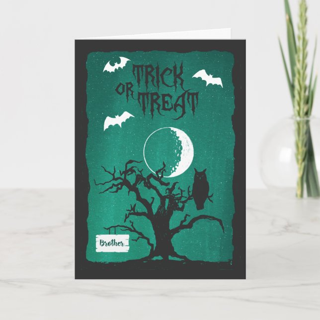 Tarjeta Halloween para Hermano Lechuza Arbol Luna y Murcié (Anverso)