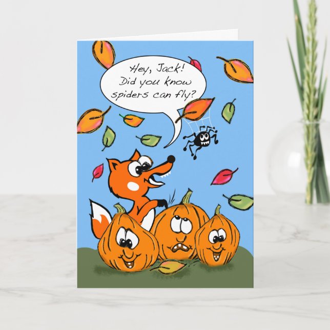 Tarjeta Halloween para niños con Fox y Spider volando (Anverso)