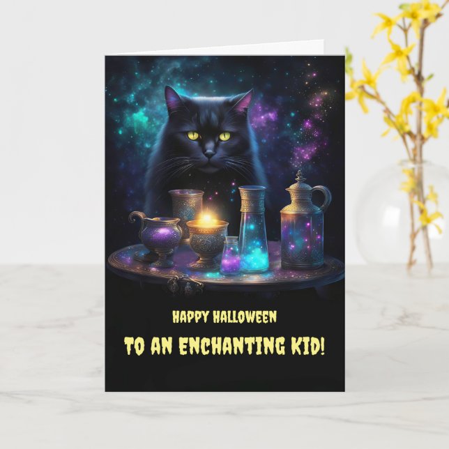 Tarjeta Halloween para niños maltratan magia de gato negro (flor amarilla)