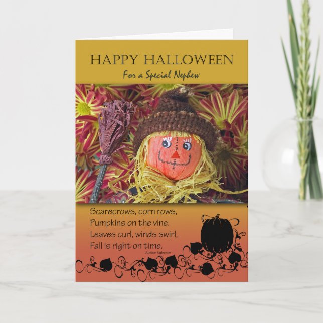 Tarjeta Halloween para sobrino, espantapájaros y poema (Anverso)