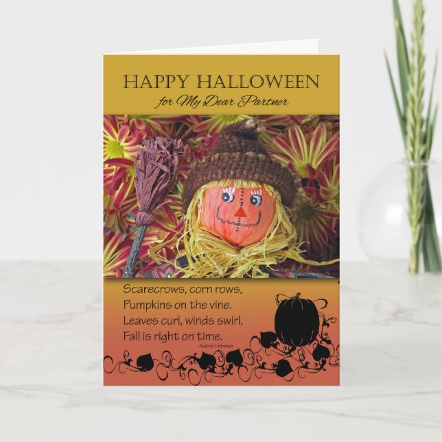 Tarjeta Halloween para socios, espantapájaros y poemas (Anverso)