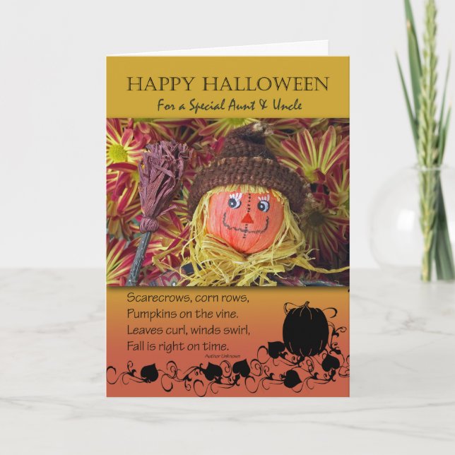 Tarjeta Halloween para tía y tío, espantapájaros y poemas (Anverso)