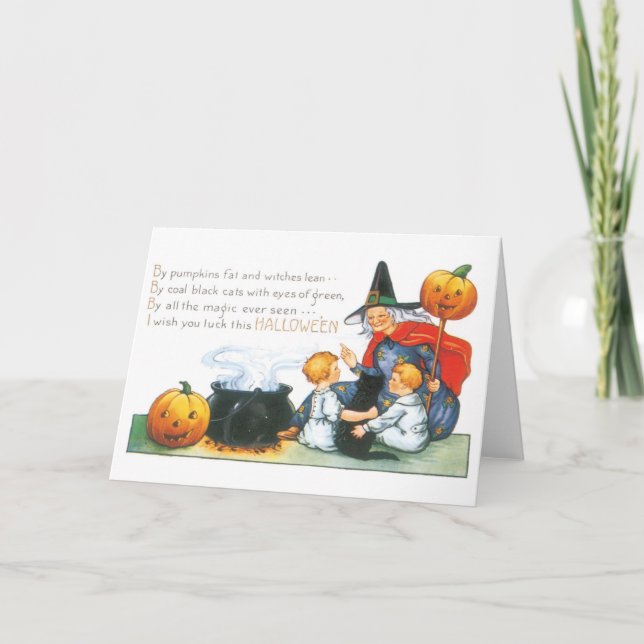 Tarjeta Halloween pasado de moda, bruja (Anverso)