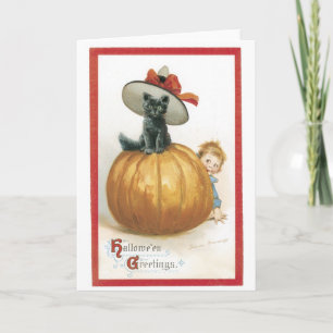 Tarjeta Halloween pasado de moda, gato de la bruja