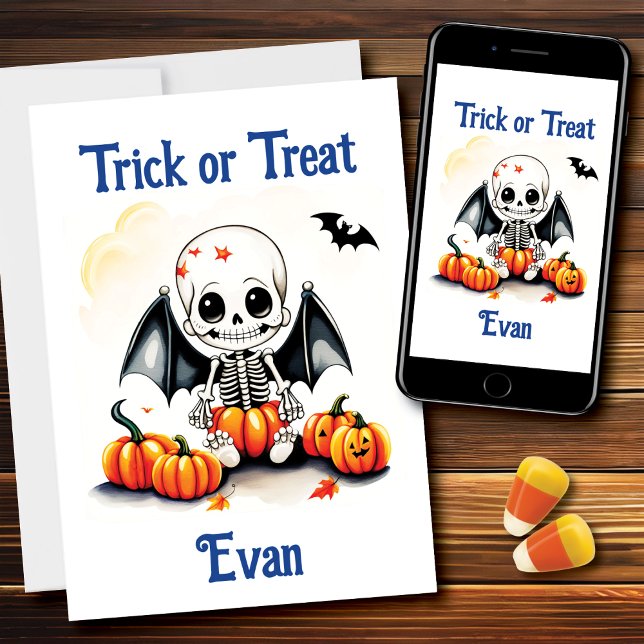 Tarjeta Halloween Pequeño Skeleton Bats Trick or Trete (Subido por el creador)