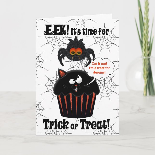 Tarjeta Halloween, Personalizado de araña y pastel (Anverso)