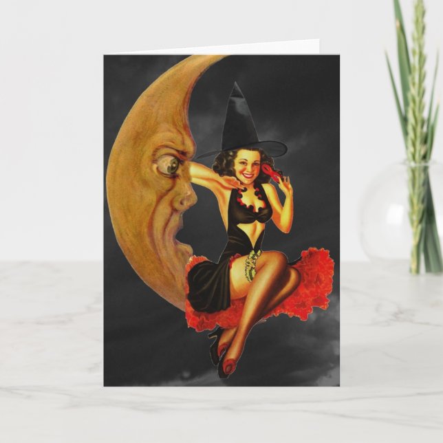 Tarjeta Halloween Pin Up Chica Witch on Moon Greeting Card (Anverso)