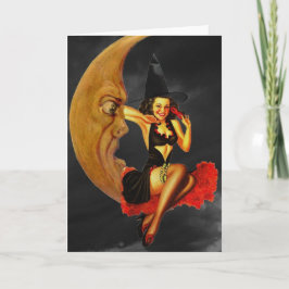 Tarjeta Halloween Pin Up Chica Witch on Moon Greeting Card