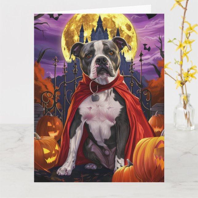 Tarjeta Halloween Pitbull Vampire Calabazas Espeluznante  (flor amarilla)