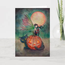 Tarjeta Halloween Pixie Fairy and Black Cat Fantasy Art