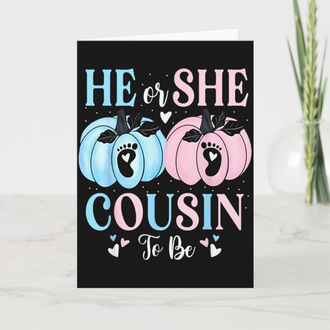 Tarjeta Halloween Pumpkin Gender Reveal He Or She Cousin T (Anverso)