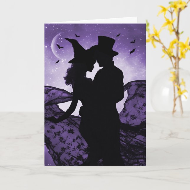 Tarjeta Halloween Romance Love Silhouett Couple and Bats (flor amarilla)