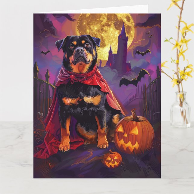 Tarjeta Halloween Rottweiler Vampis Pumpkins Scary (flor amarilla)