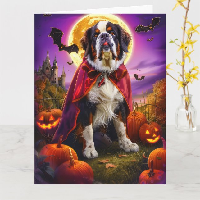 Tarjeta Halloween Saint Bernard Calabazas de Vampiro miedo (flor amarilla)