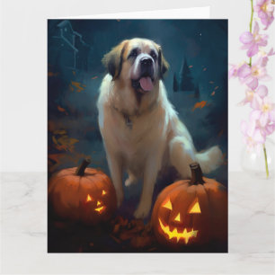 Tarjeta Halloween Saint Bernard con calabazas aterradoras