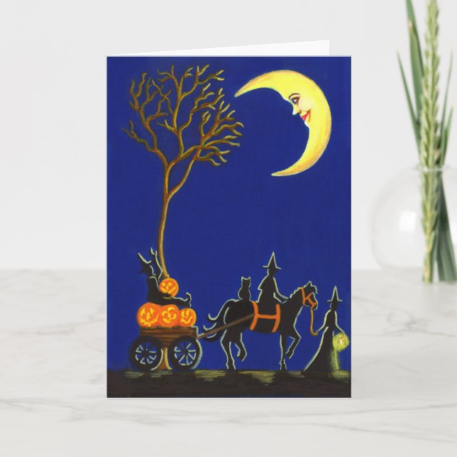 Tarjeta Halloween, saludo, tarjeta, brujas, luna, (Anverso)