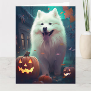 Tarjeta Halloween Samoyado Con Calabazas Asustadas