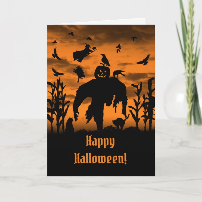 Tarjeta Halloween Scarecrow Jack O Lantern Witch Ravens (Anverso)