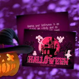 Tarjeta Halloween Scary Castle Ghost y Purple Pink Moon