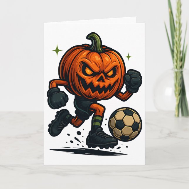 Tarjeta Halloween Scary Pumpkin Showing Soccer Skills Spoo (Anverso)