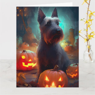 Tarjeta Halloween Scottish Terrier con calabazas aterrador