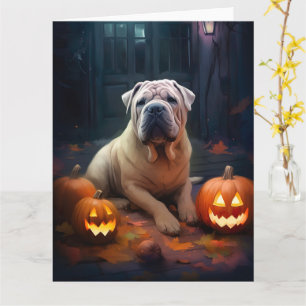 Tarjeta Halloween Shar Pei con calabazas aterradoras
