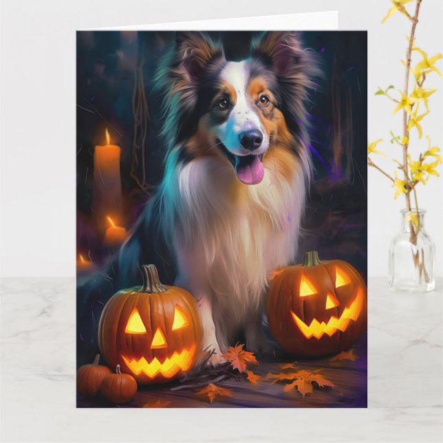 Tarjeta Halloween Shetland Sheepdog con calabazas asustada (flor amarilla)