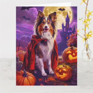 Tarjeta Halloween Shetland Sheepdog Vampis Pumpkins Scary