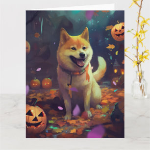 Tarjeta Halloween Shiba Inu con calabazas aterradoras