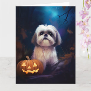 Tarjeta Halloween Shih Tzu con calabazas aterradoras